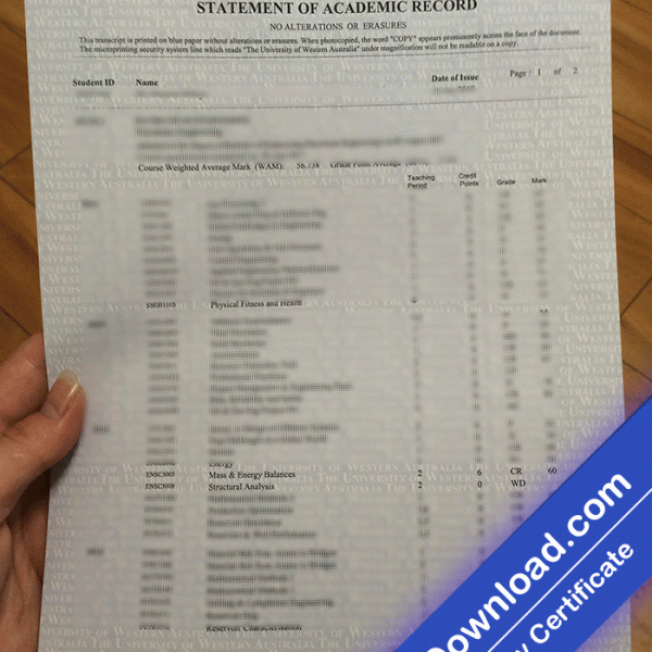 UWA Transcript Marks, University of Western Australia Template (psd)